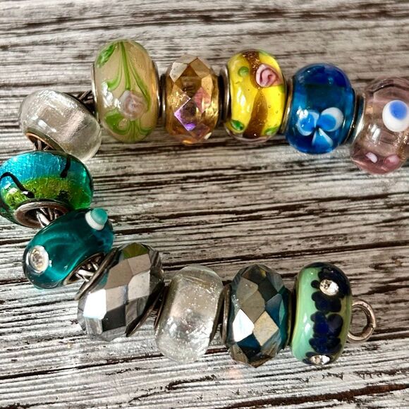 Lot Of 14 Designer Big Hole Murano Glass Charms Sterling Core, Colorful & Flower - Picture 8 of 16